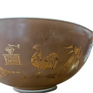 Vintage Pyrex 444 Cinderella Bowl 4 Qt Early American Brown Gold Rooster 1960s - Picture 1 of 9
