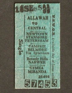 VINTAGE 1965 N.S.W GOVERNMENT RAILWAYS ALLAWAH TO CENTRAL TRAIN TICKET - Foto 1 di 2