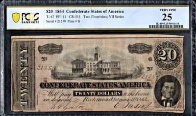PCGS 25! 1864 CONFEDERATE STATES T-67 $20 NOTE - Image 1 of 2