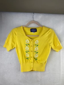 Collectif Cardigan UK 10 S Yellow Embroidered Floral Daisy Short Sleeve - Picture 1 of 12