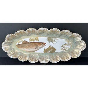 Antike Lanternier Limoges Fischplatte 24" handbemalt schwer Gold um 1900 Frankreich - Bild 1 von 13