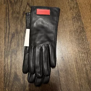 Calvin Klein Women Black Leather Gloves Red Label Size L Touch Screen - Picture 1 of 4
