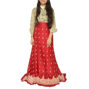 Sanskriti New Red Long Skirt Pure Satin Silk Hand Beaded Unstitched Lehenga - Picture 1 of 9