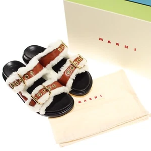Marni NWB Fussbett Buckle Shearling Sandals Size 37.5 US 7.5 Brown/White/Gold - Picture 1 of 13