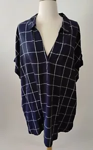 NUEVO CON ETIQUETAS TAHARI Mujer 1X 2X Túnica Top Azul Marino Blanco Mezcla de Lino Manga Corta Dobladillo Alto-Bajo - Imagen 1 de 9