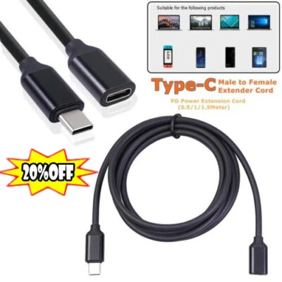 NEW Type C Male to Female PD Charging USB-C Extension Cable  Sync Extender Cords - Image 1 of 4