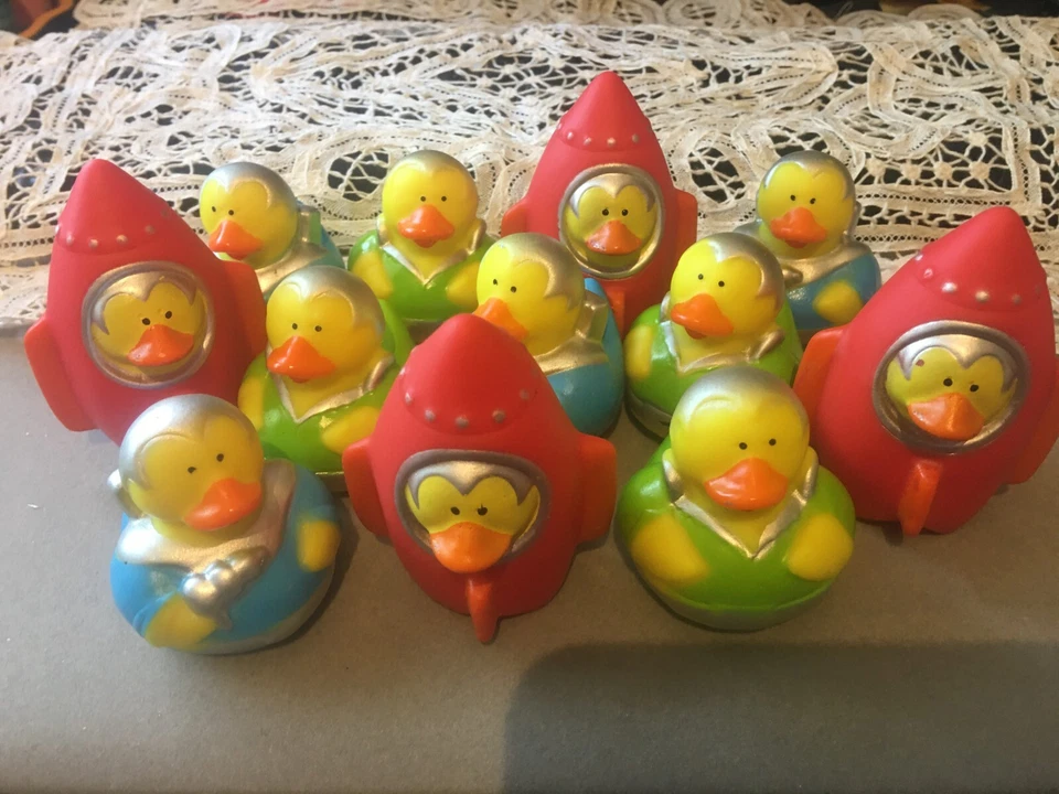 New 12 Lot RUBBER DUCKIES Astronaut Space Explorer Rocket Ship Ducks Party 2x2" - Image 1 of 4