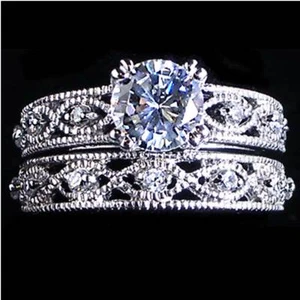 *ANTIQUE LACE*__ROUND BRILLIANT CLEAR CZ WEDDING SET SZ-8__925 STERLING SILVER - Picture 1 of 5