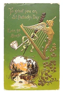 St. Patrick's Day Postkarte Harfe Pfeife Kleeblatt vergoldet geprägt NYC PM 1911 - Bild 1 von 2