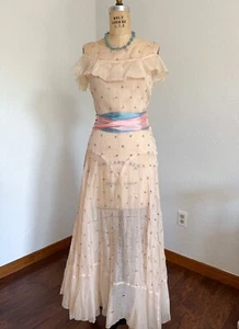 Vintage 1930s Pink Organdy Cotton Dress Floor Length Floral Embroidered Gown - Picture 1 of 11