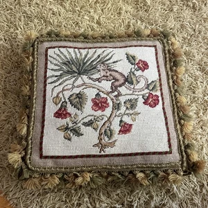Beautiful Clean 17x16” Needlepoint Tropical Monkey Tassel Pillow - Picture 1 of 8