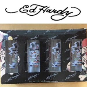 ED HARDY Set 4 Tall 2 oz. Smoking Skull & Dice Glass Shooter Shot glasses NEW - Picture 1 of 5