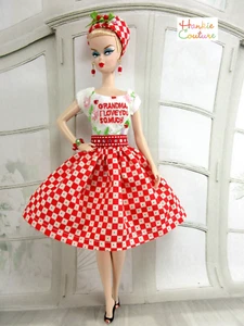 FITS BARBIE EMBROIDERY GRANDMA I LOVE YOU MUCH DOLL DRESS HANKIE COUTURE CLOTHES - Picture 1 of 11