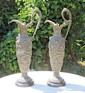 Pair Antique Spelter Very Ornate 21” Metal Ewers Decanters w/Wood Base Garniture - Picture 1 of 18