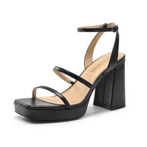 Women Summer Sandals Ankle Strap Square Toe Platform Block Heel Heel Sandals - Picture 1 of 37
