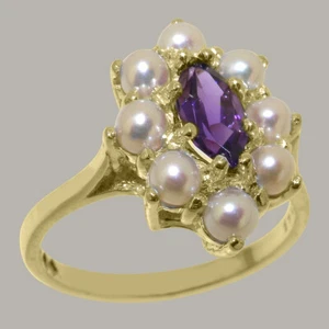 Solid 18k Yellow Gold Natural Amethyst & Pearl Womens Cluster Ring - Picture 1 of 5