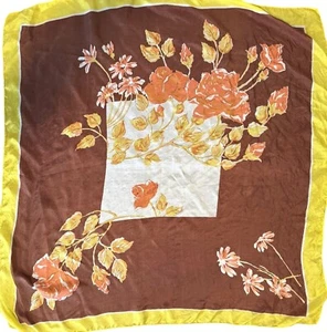Vintage 70s Brown & Yellow Silk Floral Print Scarf, Square 32" x 33" - Picture 1 of 6