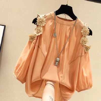 Women Floral Puff Sleeve Blouse T-shirt Cold Shoulder Top Summer Chiffon - Image 1 of 4