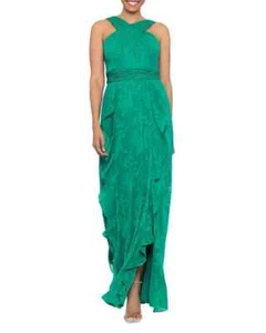 AQUA Long Burnout Ruffled Dress Women's Emerald Cross Neck Back Zip Closure 4 - Picture 1 of 17