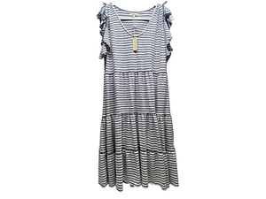 Max Studio Sommerkleid Damen XL marineblau weiß Streifen abgestuft Flatterärmel $ 98 neu mit Etikett - Bild 1 von 17