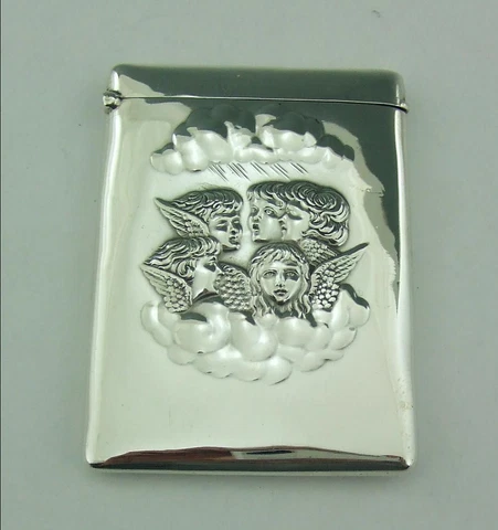 ANTIQUE SOLID STERLING SILVER CARD CASE REYNOLD'S ANGEL / CHERUB DESIGN Cover