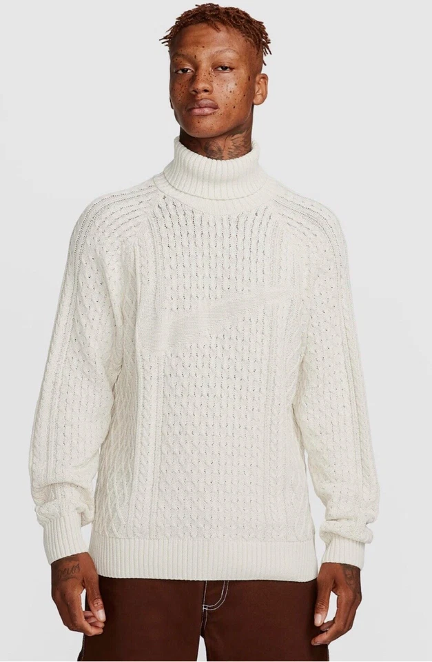 Nike Life Cable Knit Turtleneck Sweater Light Bone FB7770-072 Men's Small