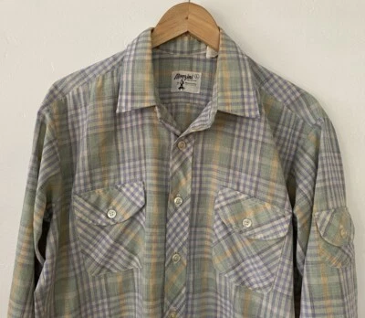 Vintage Monzini Collection 70s Plaid Pastel Shirt SZ L 16-16 1/2 Long Sleeve - Image 1 of 4