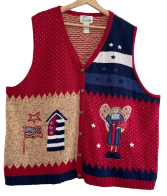 Vintage Quacker Factory Sweater Vest Sz 3X Patchwork Patriotic Americana Holiday - Image 1 of 4