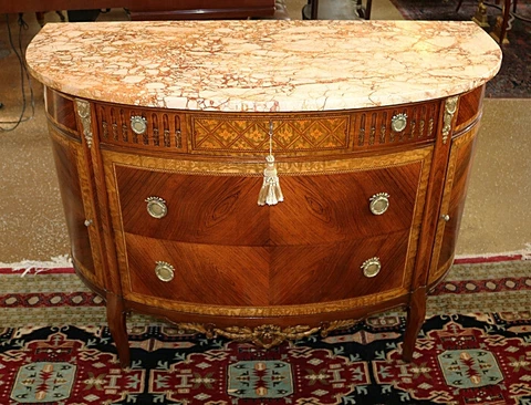 French Louis XV Style Mixed Wood Marble Top Chest Server Commode Circa 1920's Cover
