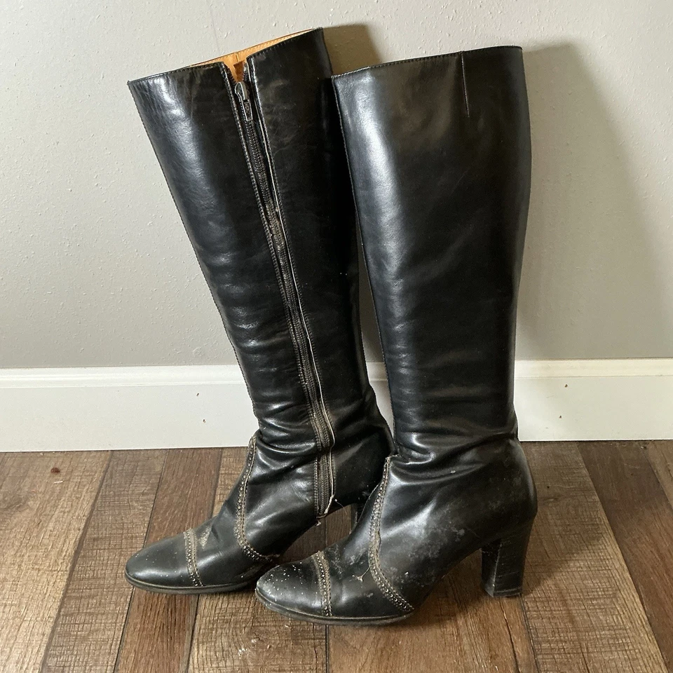 Amalfi by Rnagoni Black Leather Knee High Boots Women's Size 8-10M Italy Heeled - Изображение 1 из 4