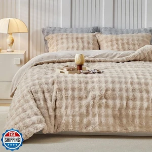 WARMDERN Fluffy Faux Fur Khaki Duvet Cover Set Queen Size, Ultra Soft Faux Ra - Picture 1 of 5