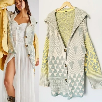 Free People Tate Knit Cardi Cardigan Sweater XL Sage Sunshine Combo $168 Slouchy - Image 1 of 4