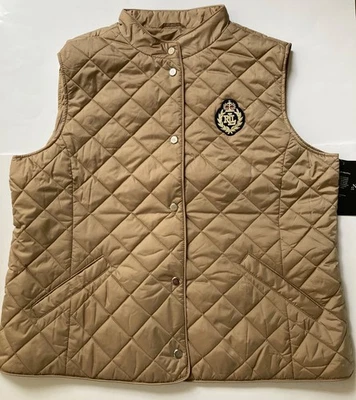 Ralph Lauren Diamond Quilted Vest Crest patch Logo Womens Size XL Tan Black - Image 1 of 4