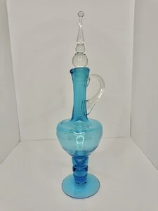 Vintage MCM Bischoff Glass 17” Blue Decanter W/bubble Stopper - Picture 1 of 5