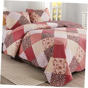Farmhouse Quilt Set Size, 3 Piece Red Patchwork Bedspread Queen Multicolor - Picture 1 of 7