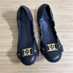 TORY BURCH Ambrose Ballet Flat Ballerina Blue Gold Logo Slip On Round Toe 6M - Picture 1 of 10