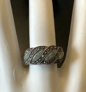Jade & Markasites Ring Solid SS 925  Size 7.5” Approx EUC Chuncky - Picture 1 of 9