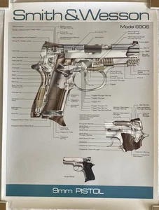 Pistola Smith & Wesson 9 mm de colección modelo 6906 distribuidor 24”x18” póster piezas desglosado - Imagen 1 de 2