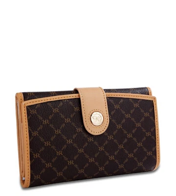 Rioni Signature Brown ST-W003 Canvas Leather Multi Fold Button 16 Credit Wallet - Image 1 of 4