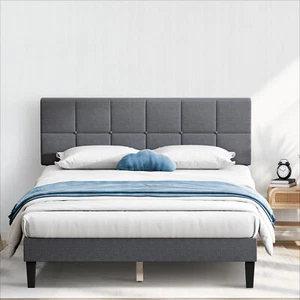 Wood Bed Frame - Upholstered Platform Adjustable Headboard, No Box Spring Needed - Picture 1 of 24