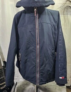 VTG Tommy Hilfiger Big Logo Full Zip Fleece Lined Jacket Gray Size XL NAVY - Picture 1 of 16