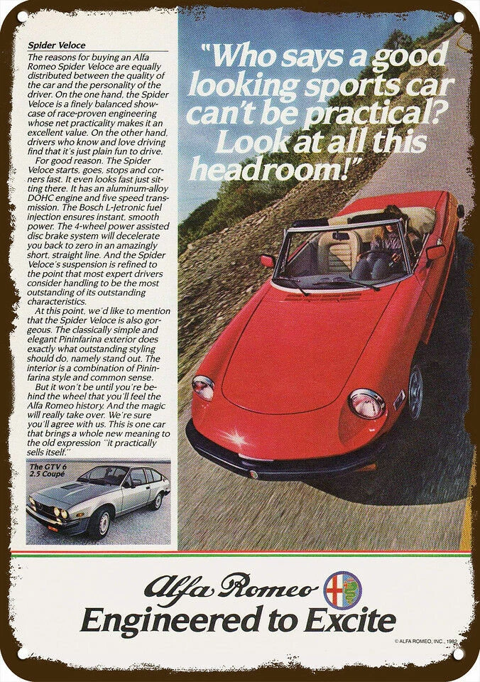 Coche convertible Alfa Romeo Spider Veloce 1982 réplica decorativa letrero de metal Foto 1 de 1