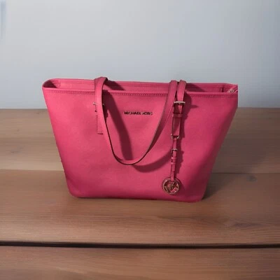 Michael Kors Jet Set Large Tote Fuchsia Pink Saffiano Leather Top Zip Silver NWT - Image 1 of 4