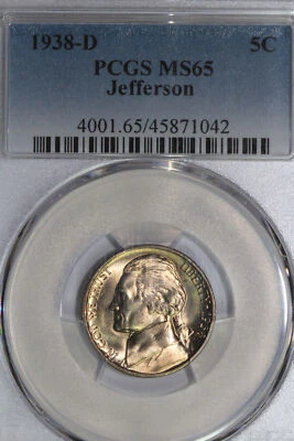 1938-D Gold Toned Jefferson Nickel Five-Cent Piece PCGS Graded MS65 (45871042) - Image 1 of 4