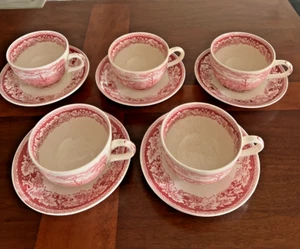 VTG. SET of 5 1940-56 HOMER LAUGHLIN CURRIER & IVES RED CUPS and SAUCERS - Picture 1 of 12