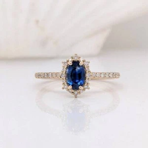 Natural Blue Sapphire Diamonds Halo Minimalist Ring 14k Gold Finish Silver - Picture 1 of 2