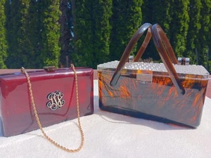 Vintage Bakelite Purses ~Lucite~1950s~Brown, White, And Gold Color - Picture 1 of 23