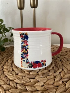 Nathalie Lete Floral Swan & Monkey Monogram "L" Coffee Mug Anthropologie Red - Picture 1 of 6