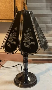 3 Way 23”Touch Lamp Pewter Base 8 Black/flowers Glass Panels  FREE SHIP NEW - Picture 1 of 9