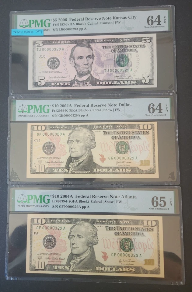 Rare Triple Matched Serial Numbers. $5 And $10 and $10 FRNs - Image 1 of 4